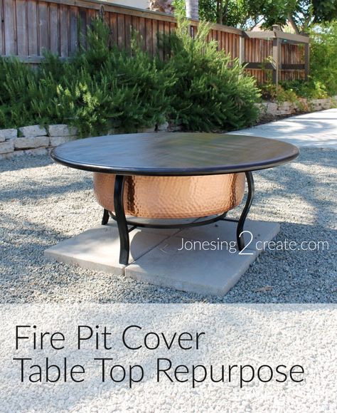 Great DIY fire pit cover using a repurposed table top. Takes just minutes to… Fire Pit Cover Ideas Diy, Fire Pit Cover Ideas, Diy Fire Pit Cover, Fire Pit Topper, Diy Fire Pit Table, Fire Pit Base, Fire Pit Top, Fire Pit Table Cover, Repurposed Table