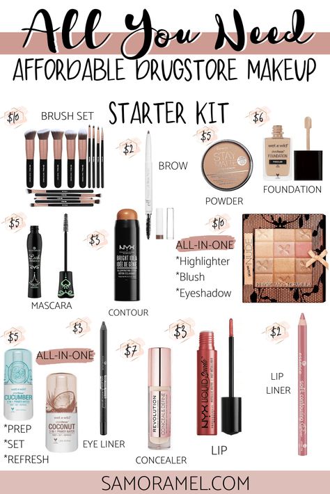 All you need drugstore beauty starter kit! Rosa Make-up, Make Up Kits, Drugstore Makeup Tutorial, Makeup Starter Kit, Blonde Balayage Highlights, Makeup Order, Budget Beauty, Theatrical Makeup, Colorful Nail