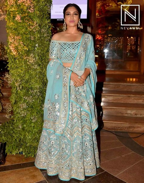 Blue Mirror Work Lehenga, Mirrorwork Lehenga, Abu Jani And Sandeep Khosla, Lehenga Inspiration, Bhumi Pednekar, Beautiful Lehenga, Mirror Work Lehenga, Simple Lehenga, Wedding Lehenga Designs