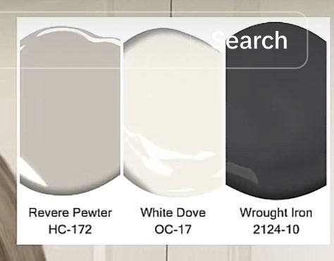 Revere Pewter With White Dove, Revere Pewter And Iron Ore, Revere Pewter And White Dove, Whole House Color Palette 2024, Revere Pewter Exterior House, 2024 Color Palette, Paint Color Inspiration, House Color Palettes, Revere Pewter