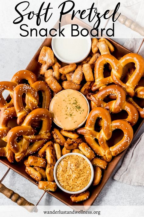 This soft pretzel snack board has both sweet and savory options! From salty soft pretzels to cinnamon sugar pretzel bites, it’s the perfect party appetizer and another easy charcuterie board idea! Pretzel Appetizers, Cinnamon Sugar Pretzel Bites, Easy Charcuterie Board, Easy Charcuterie, Charcuterie Party, Pretzel Snacks, Soft Pretzel, Charcuterie Inspiration, Charcuterie Platter