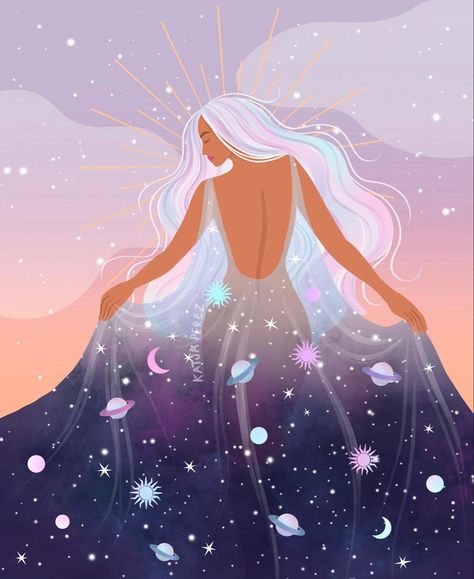 Katja Perez Art, Cute Inspirational Wallpaper Aesthetic, Galaxy Illustration, Galaxy Dress, Witchy Wallpaper, Celestial Art, Advertise Your Business, Goddess Art, Dreamy Art