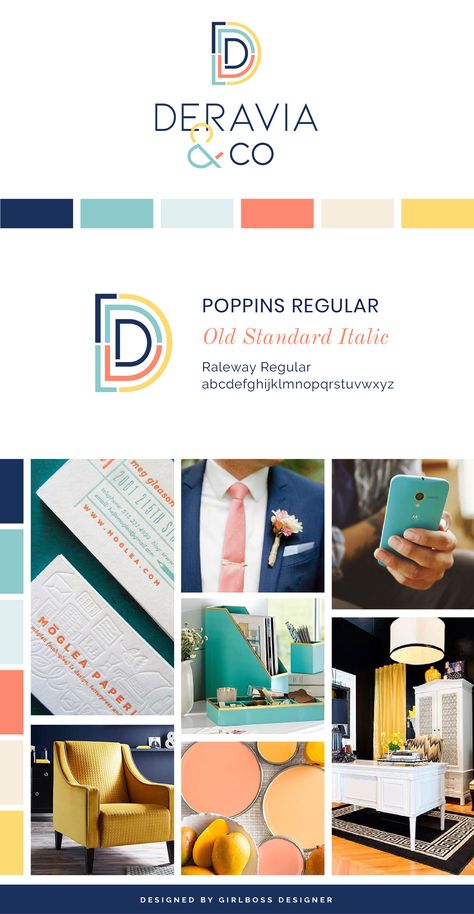 Sophisticated and Soolthing Branding and Logo Design for Business Development Advisor, CPA, & Female Entrepreneur, Deravia. Upscale, Modern Blue, Coral & Yellow Color Palette and Graphic Design. Learn about Color Psychology and Branding Tips Girlboss Designer. #brandingtips #colorpsychology #graphicdesign #logodesign  #femaleentrepreneur #colorpaletteinspiration #businessbranding #girlbossdesigner Modern Logo Color Palette, Yellow Branding Design, Modern Branding Color Palette, Color Psychology Personality, Yellow Branding, Sophisticated Branding, Logo Design For Business, Modern Palette, Happy Yellow