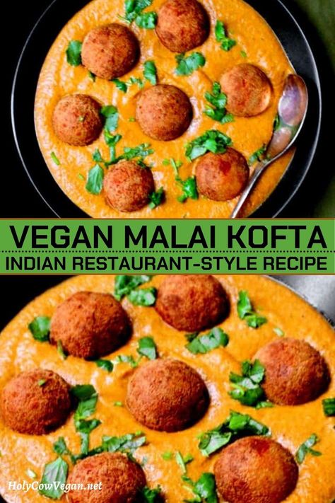 Creamy malai kofta curry with tofu and potato dumplings garnished with cilantro. Indian Vegan Curry, Vegan Dinner Indian, Vegan Malai Kofta, Veggie Curry Indian, Indian Dumplings Recipe, Vegan Pakistani Recipes, Indian Recipes Vegan, Golden Dumplings, Dairy Free Indian Recipes