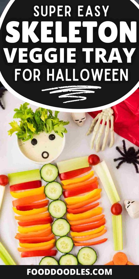 Create a fun and healthy Halloween snack with this easy skeleton veggie tray! It's a perfect addition to your Halloween party, offering a spooky yet nutritious twist. Great for Halloween snacks and treats, it's also an ideal choice for a preschool Halloween party or any gathering looking for fun Halloween appetizers or easy Halloween party snacks. Perfect for both kids and adults! via @easywholesome Veggie Tray Halloween, Halloween Fruit And Veggie Tray, Veggie Skeleton Platter, Halloween Theme Veggie Tray, Veggie Skeleton, Skeleton Veggie Tray, Halloween Vegetable Tray, Halloween Veggies, Halloween Veggie Tray Ideas