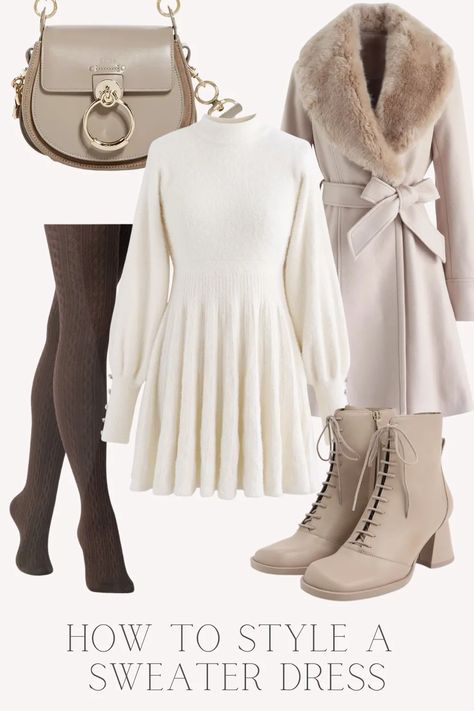 Posh Autumn Outfits, White Sweater Dresses, Sweater Dress Casual Outfit, Cream Knit Dress Outfit Winter, Cream Colored Sweater Dress, Autumn Winter 2024 Fashion Trends Women, Cosy Winter Outfits Casual, Winter Styling Ideas, Beige Christmas Outfits