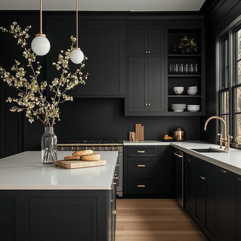 36 Insanely Beautiful Black Moody Kitchen Ideas You Need To See - Posh|Chic|Cool Wood Black White Kitchen, Black Counters Kitchen, Black Cabinets Black Countertops, Urbane Bronze Kitchen, Black Kitchen Walls, Black Kitchen Cabinets Ideas, Moody Kitchen Ideas, Dark Kitchen Aesthetic, Dark And Moody Kitchen