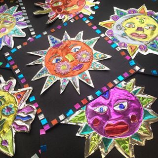 Copper Tooling Suns Inspired by the Mexican Market. These are so fun and full of color!!! #metaltooling #paintedpaperart Mexican Art Lessons Elementary, Hispanic Heritage Month Elementary Art, Mexico Art Projects For Kids, Copper Tooling, Summer School Crafts, Metal Tooling, Poem Books, Art Docent, Mexican Market