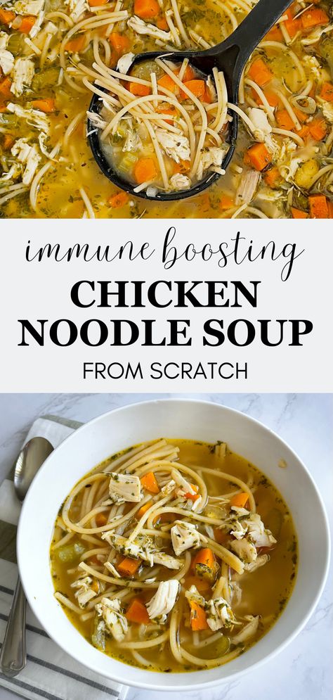 Tons of flavor and full of nutritious, healing bone broth, veggies, and whole wheat noodles. The chicken noodle soup your body actually needs while you’re sick. Homemade Chicken Noodle Soup For Sickness, Soup For Sickness Stomach, Noodle Soup For Sickness, Chicken Noodle Soup For Sickness, Chicken Soup For Sickness, Chicken Noodle Soup Freezer Meal, Chicken Noodle Soup Freezer, Healing Chicken Noodle Soup, Low Sodium Chicken Noodle Soup