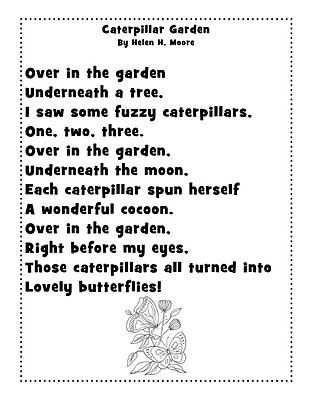 Kindergarten Poems, Garden Poems, Caterpillar Butterfly, Preschool Poems, Bugs Preschool, Circle Time Songs, School Songs, Preschool Music, Finger Plays