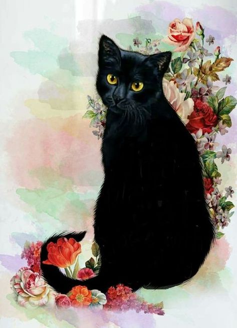 .bkack cat♡. Black Cat Flowers, Black Cat Tattoo, Flower Paint, Black Cat Tattoos, Cat Tattoo Designs, Söt Katt, 강아지 그림, Black Cat Art, A Black Cat