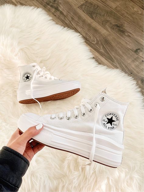 White Platform High Top Converse Chuck Taylors | ByMollyLove White Platform Converse Wedding, White Converse Platform High Tops, Womens Platform Converse, White Converse Outfit High Top Platform, White High Converse, White High Tops Outfit, Converse High Tops Platform, Converse White High Tops, Converse High Top Platform