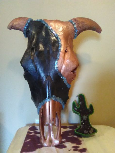 Copper and black painted cow skull with blue glass accent pieces Painted Cow Skulls, Cow Skull Art, Skull Color, Cow Skulls, Cow Skull, Glass Pieces, Art Decals, Skull And Bones, Skull Art