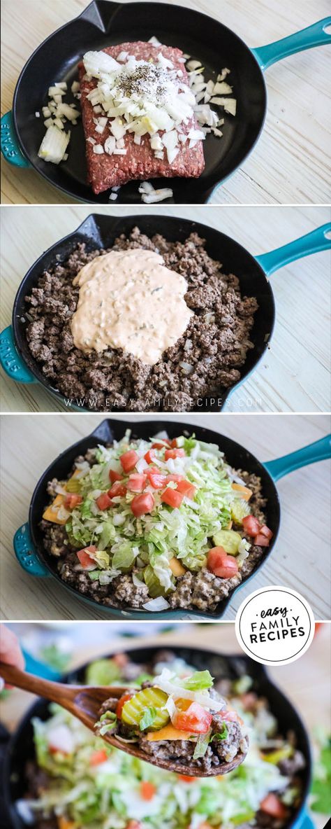 BIG MAC! In a Skillet! The BEST one skillet dinner idea!  This Big Mac Skillet is everything you love about a big mac but healthier! It has the meat mixture with a delicious salad served right on top. It is gluten free, low carb, keto friendly and even has a dairy free modification. This is the easiest and best way to make cheeseburgers at home! Big Mac Skillet, Breadless Recipes, Mac Recipes, Keto Yogurt, Big Dinner, Recipes Skillet, One Skillet, Skillet Dinners, Carb Dinner