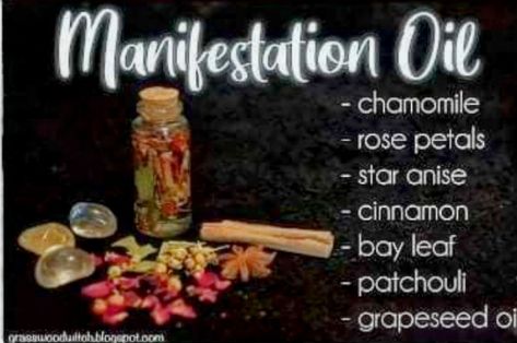 Magic Oil Recipes, Manifestation Oil Recipe, Magick Oil Recipes, Magical Oils Recipes, Hoodoo Oil Recipes, Spells In A Jar, Herbs For Manifestation, Spell Oil Recipe, Manifestation Spell Jar