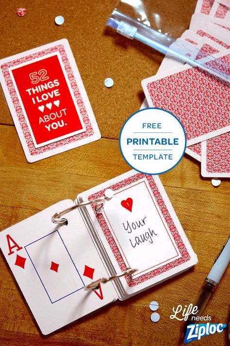 Turn an old deck of cards into a thoughtful Valentine’s Day or anniversary gift with this free template from Ziploc®. Just add “52 Things” you love to the printable design. Such a simple and affordable DIY. 52 Reasons Why I Love You, 52 Reasons, Reasons Why I Love You, Husband Birthday Card, Diy Anniversary, Small But Mighty, Why I Love You, Card Templates Free, Say I Love You