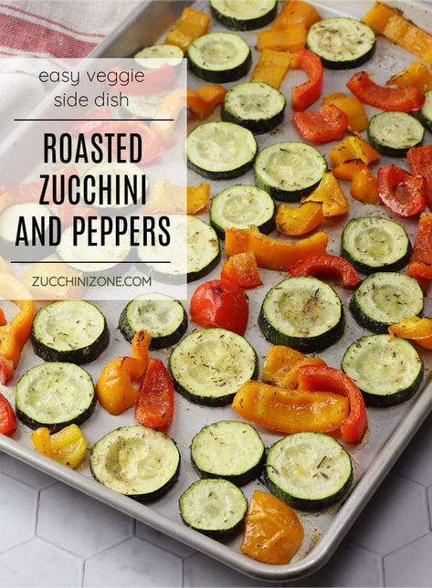 Roasted zucchini and peppers recipe by Zucchini Zone. Roasted zucchini and peppers are tossed in olive oil and savory seasoning, then cooked to perfection in the oven. All you need is five minutes of prep to get these nutritious and flavorful veggies started. #roastedzucchini #roastedpeppers #zucchiniandpeppers #sidedish #roastedveggies #recipe Roasted Zucchini And Peppers, Zucchini And Red Pepper Recipes, Pepper Zucchini Recipes, Bell Pepper And Zucchini Recipes, Peppers And Zucchini Recipes, Zucchini And Pepper Recipes, Zucchini And Peppers, Roasted Zucchini Recipes, Savory Seasoning