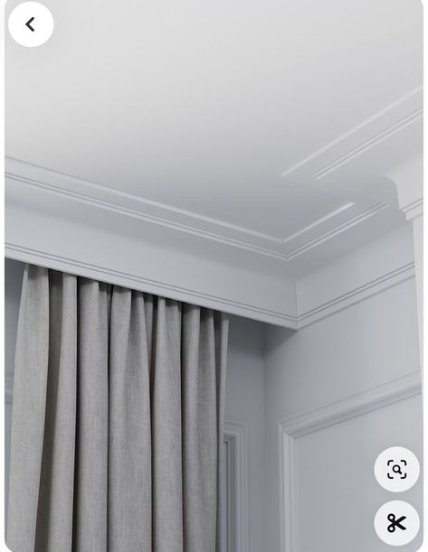 Cornice Curtain Ideas, Bedroom Pelmet Ideas, Modern Pelmet Ideas, Art Deco Cornice, Art Deco Wainscoting, Pelmets Ideas Modern, Modern Cornice Design, Cornice Design Ceilings, Salon Ceiling Design