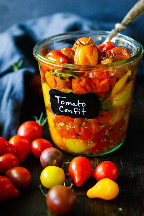 This cherry tomato confit takes only 5 minutes of hands-on time before transforming in your oven, into the most tender, juicy little heavenly bites. Cherry Tomato Confit, Tomato Confit, Confit Recipes, Feasting At Home, Seared Fish, Grilled Tofu, Roasted Cherry, Caprese Chicken, Roasted Cherry Tomatoes