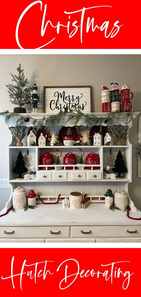 Christmas Hutch Decorating Ideas, Hutch Decorating Ideas Display, How To Decorate A Hutch, Christmas Hutch Decor, Hutch Decorating Ideas, Christmas Hutch, China Cabinet Decor, Come Along With Me, Hutch Decor