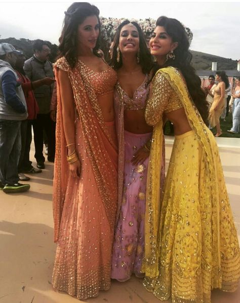 Jacquline Fernandez, Nargis Fakhri, Lisa Haydon wearing traditional outfits by Astha Narang at Housefull 3 shoot Nikkah Dress, Three Women, Salwar Kamiz, Desi Clothes, Indian Lehenga, Indian Wedding Outfits, Indian Attire, Indian Outfit, Desi Fashion