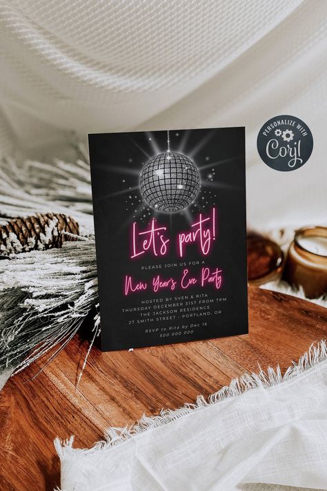 Neon Disco Invitation, Disco Glam Party Invitation, Disco Ball Invitation Template, Save The Date Disco Party, Disco Party Invites Invitation Templates, Neon Invitation Design, Disco Party Sign, Disco Ball Party Invitation, Disco Theme Party Invitations