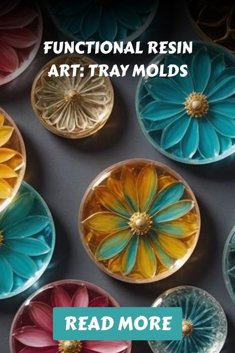 Colorful resin art trays with floral designs and text: "Functional Resin Art: Tray Molds", "Read More". Resin Crafts To Sell, Resin Art Molds, Resin Art Tray, Molds For Resin, Resin Creations, Metallic Powder, Acrylic Pouring Techniques, Types Of Mold, Resin Coaster