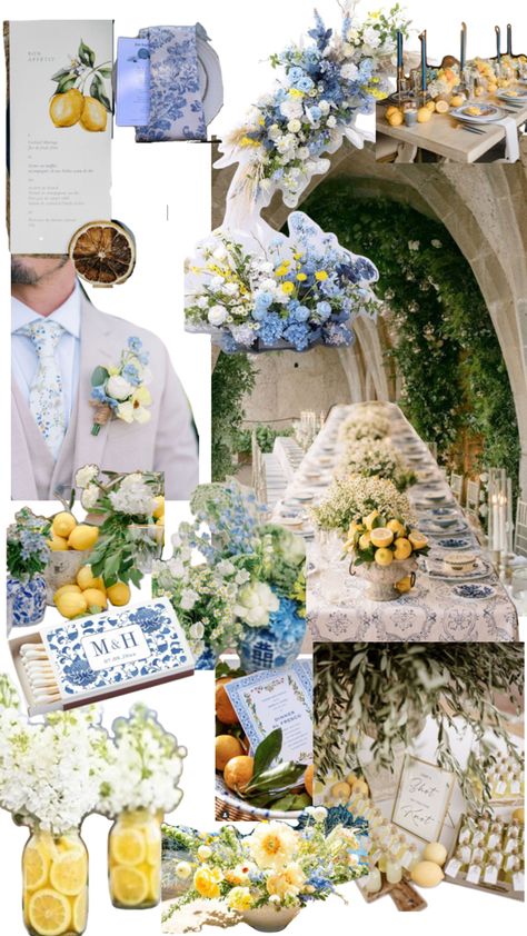 Coastal Wedding Theme, Italian Summer Wedding, Greek Wedding Theme, Tuscany Wedding Theme, Lemon Themed Wedding, Blue Yellow Weddings, Wedding Planning Boards, Wedding Theme Color Schemes, Yellow Wedding Theme