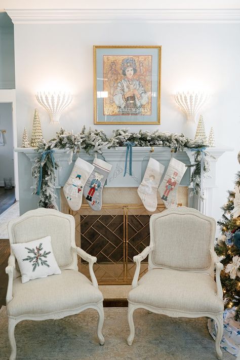 Christmas Home Tour - Chapple Chandler Blog Chapple Chandler, Modern Feminine Style, Christmas Stairs, Grandmillennial Style, Blue And White Living Room, Chippendale Chairs, Southern Christmas, Blue Christmas Decor, Christmas Artwork