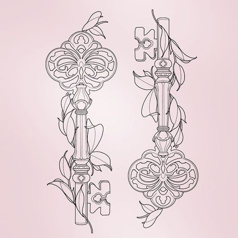 Steampunk Key Tattoo, Disney Key Tattoo, Vintage Key Tattoos, Antique Key Tattoos, Heart Key Tattoo, Skeleton Key Tattoo, Sketch Tattoo Ideas, Key Tattoo Designs, Key Drawings