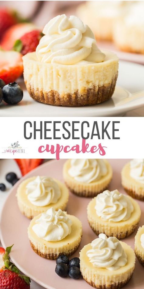 This easy Cheesecake Cupcakes recipe (mini cheesecakes) is simple to make and customize! They are freezer friendly and perfect for any dessert table, birthday party or baby shower. Try Oreo or Strawberry variations, too! #cheesecake #cupcakes #dessert #recipe \ mini cheesecake | cream cheese | cupcake recipe | mini dessert | individual dessert Dessert Individual, Dessert Table Birthday Party, Cheesecake Cups Recipe, Cheesecake Cream, Cheesecake Cupcakes Recipe, Cheese Cupcake, Individual Cheesecakes, Cream Cheese Cupcakes, Cheesecake Bites Recipe