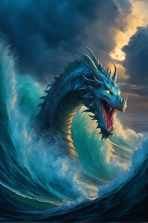 Water Dragon Fantasy Art, Leviathan Monster Sea Dragon, Sea Dragon Mythical, Aquatic Dragon, Blue Sea Dragon, Water Serpent, Snake Monster, Raging Sea, Mythical Sea Creatures