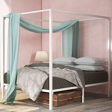 Zinus Patricia White Metal Framed Canopy Four Poster Platform Bed Frame / Strong Steel Mattress Support / No Box Spring Needed, Full Tall Platform Bed, Metal Canopy Bed, Canopy Bed Frame, Canopy Frame, Steel Canopy, Metal Canopy, Queen Bed Frame, Four Poster, Mattress Support