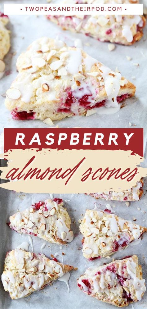 Raspberry Almond Scones, Christmas morning recipes, holiday brunch ideas Almond Scones Recipe, Raspberry Scones Recipe, Almond Scones, Christmas Morning Recipes, Almond Glaze, Raspberry Scones, Christmas Breakfast Recipe, Sweet Glaze, Homemade Scones