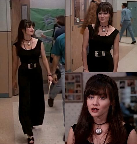 90s Black Dress Aesthetic, 90s 00s Party Outfit, Brenda Walsh Style, Winona Ryder Outfits The 90s, Brenda Walsh Aesthetic, Shannen Doherty 90s Hair, Brenda Walsh Outfits, Shannon Doherty 90s, Brenda 90210 Outfits