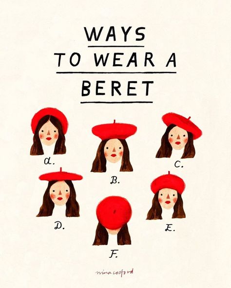 Beret Drawing, Nina Cosford, Gallery Wall Artwork, Beret Outfit, Cute Beret, Chanel Book, Draw Logo, Paris Books, Tea Cosy