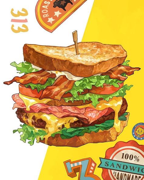 Sandwich Drawing, Satisfying Pics, Foodie Art, Food Artwork, Food Illustration Art, Cute Food Drawings, Cute Food Art, Food Concept, Illustration Food