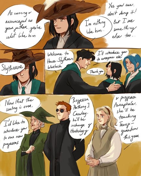 Nekocat Good Omens Harry Potter, Good Omens X Harry Potter, Good Omens Harry Potter Au, Harry Potter Au, Harry Potter Crossover, Good Omens Book, Slytherin House, Ineffable Husbands, Harry Potter Headcannons