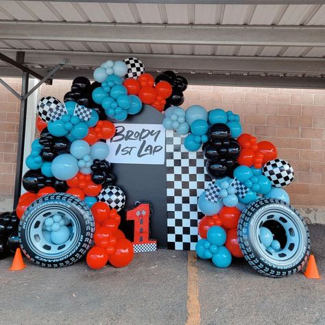 1st Birthday Party Racecar, Fast One Birthday Party Balloon Arch, Motorcycle Balloon Decor, Racing Balloon Garland, Fast One Birthday Party Backdrop, Race Car Balloon Arch, Racing Theme 1st Birthday Party, My First Lap Birthday, Cars Theme First Birthday Party