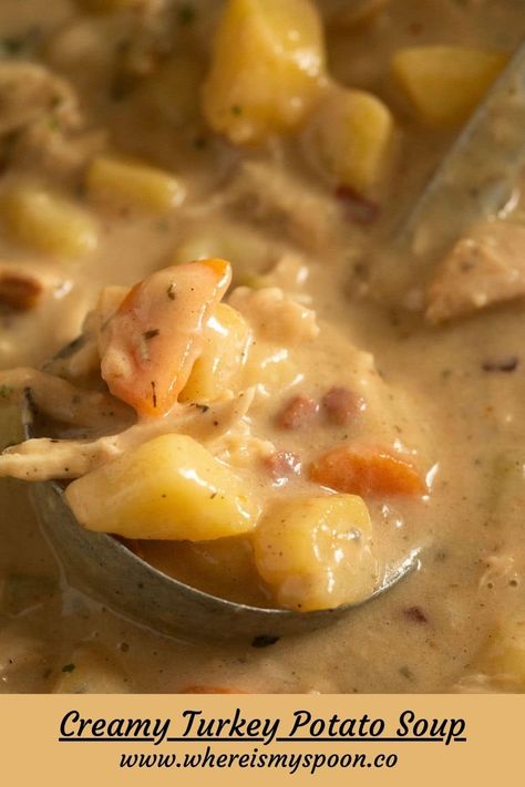 Turn your Thanksgiving leftovers into a tasty creamy turkey potato soup! 🍲🦃 Use up leftover turkey, veggies, cheese, and a flavorful roux for a comforting and easy meal. This warm and filling dish is perfect for cozy evenings. 😋✨ #whereismyspoon #LeftoversRecipe #TurkeySoup #ComfortFoodIdeas #EasyRecipes #ThanksgivingLeftovers #SoupLovers #HomemadeSoup #SimpleCooking #OnePotMeal #DeliciousDinner #EasyMealIdeas #FamilyRecipes #WarmAndCozy #CookingAtHome #WinterRecipes Easy Turkey Vegetable Soup, Recipes Using Turkey Broth, Turkey Potato Soup, Cream Of Turkey Soup, Leftover Soup, Creamy Turkey Soup, Turkey Potato, Potatoes Soup, Chili Crockpot