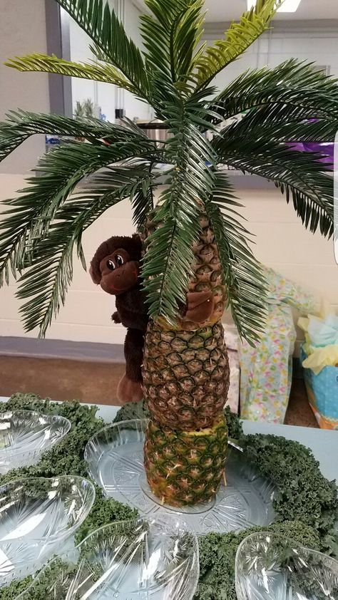 Fruit Palm Tree, Jimmy Buffett Party, Tree Balloon, Branches Decor, Pineapple Palm Tree, Palm Tree Fruit, Tree Branch Decor, Baby Shower Safari Theme, Monkey Baby Shower