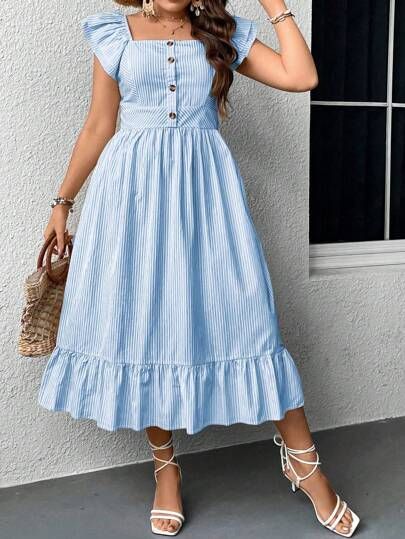 Summer Midi Dress, Feminine Elegance, Midi Dress Summer, Flutter Sleeve Dress, Christian Clothing, Xl Dress, Square Neckline, Swing Dress, Dress P