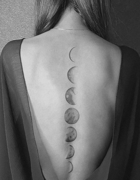 Moon Sequence Tattoo Back, Moon Phases On Spine Tattoo, Moon Phase Back Tattoo Women, Lunar Back Tattoo, Spin Moon Tattoo, Phases Of The Moon Tattoo Back, Tattoo Moon Phases Back, Moon Phases Back Tattoo Women, Floral Moon Phases Tattoo Spine