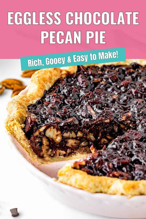 This Eggless Easy Chocolate Pecan Pie is a perfect blend of rich, gooey chocolate and crunchy pecans that’s practically made for the holidays. Plus, it’s egg-free, so it’s ideal if you or someone you love has food allergies. It’s also incredibly simple to make with minimal fuss and even make it ahead of time—saving you a little extra time to relax and enjoy the festivities. It’s a total showstopper that looks as good as it tastes. Easy Dessert No Eggs, Eggless Pecan Pie, Egg Free Dessert Recipes, Chocolate Pecan Pie Recipe, Egg Free Desserts, Eggless Desserts, Chocolate Pecan Pie, Eggless Recipes, Pecan Pie Recipe