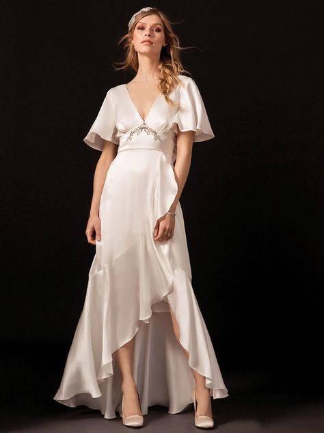 Satin Bias-Cut V-Neck Wedding Dress with High-Low Front and Flutter Short Sleeves | Temperley London Spring 2018 Temperley London Wedding Dress, Temperley London Bridal, Wedding Dresses High Low, Petite Wedding Dress, Wedding Dresses 2018, Wedding Dresses Satin, Temperley London, Bridal Fashion Week, Bridal Inspiration