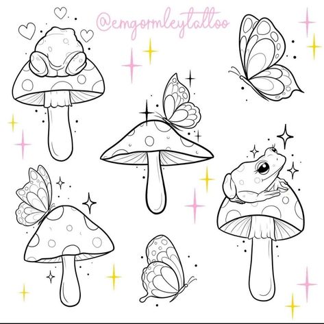 Book Mushroom Tattoo, Mushroom Flash Art, Mushroom Tattoo Stencil, Toadstool Tattoo, Cute Mushroom Tattoo, Borboleta Tattoo, Art Deco Tattoo, Mushroom Tattoo, Flash Sheets