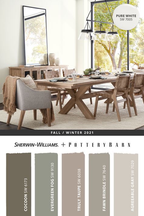 Give your dining room décor a timeless, classic backdrop with walls painted in Pure White SW 7005 from Sherwin-Williams. Tap this pin to explore the entire @potterybarn Fall/Winter 2021 paint palette featuring a range of hues curated to complement their latest collections. #sherwinwilliams #potterybarn #DIY #decor #diningroom #interiordesign #homedecor #painting #colorinspiration #renovation #paint #fall #winter Potterybarn Dining Room, 2023 Dining Room Colors, Dining Room Wall Colour, Pottery Barn Sherwin Williams Colors, Pottery Barn Paint Colors 2022, Dinning Room Paint Color, Sherwin Williams Dining Room Colors, Modern Dining Room Paint Colors, Sherwin Williams Dining Room