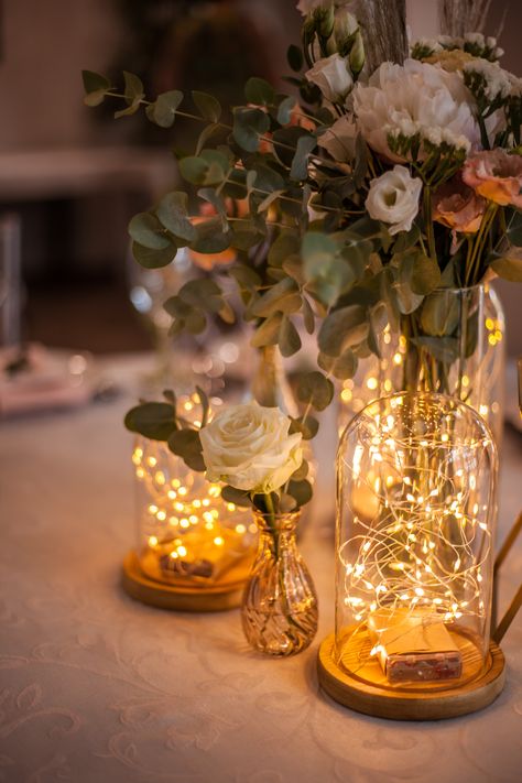 Whimsical Decor Wedding, Fairy Light Centerpiece Wedding, December Wedding Reception, December Wedding Colors, Cozy December, Winter Wedding Arch, December Wedding Dresses, Winter Wedding Attire, Dinner Centerpieces