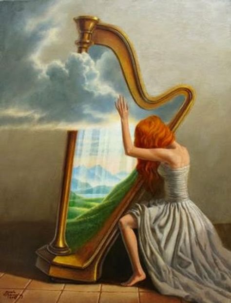 05-Light-Harp-Marcin-Kołpanowicz-Paintings-of-Creative-Surreal-Worlds-ready-to-Explore-www-designstack-co Playing The Harp, Celtic Harp, Harps Music, The Harp, Music Painting, Musical Art, Surrealism Painting, Surreal Art, Harp