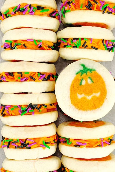 Halloween Sandwich Cookies So Easy, It’s Frightening! | RARE AND WORTHY Pillsbury Halloween Recipes, Spooky Sandwiches For Halloween, Halloween Cookie Sandwiches, Pillsbury Halloween Cookies Recipe, Halloween Sandwich Cookies, Philsbury Halloween Cookie, Philsbury Cookies, Halloween Sandwich, Spooky Baking